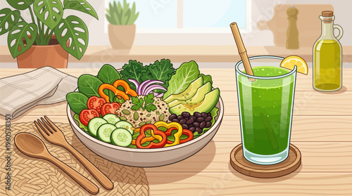 Healthy salad bowl with fresh vegetables and green smoothie on wooden table