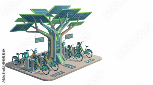 Futuristic solar-panel tree bike rack on white; eco tech concept, front view illustration of sustainable transport hub