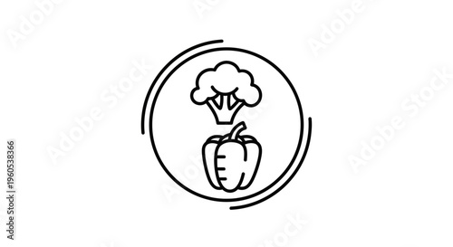 Clean line art illustration of fresh green broccoli and a vibrant bell pepper representing healthy