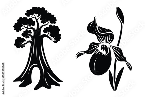 Stylized tree and orchid flower vector graphics with black and white