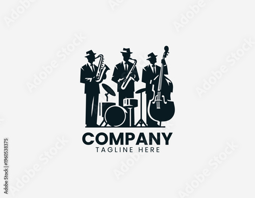 A jazz band is illustrated performing with saxophone drums and double bass in a clean modern black vector logo illustration style on a white background