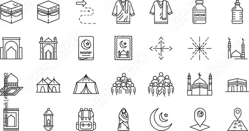Icon Set Representing Islamic Culture and Pilgrimage, Including Kaaba, Mosque, Prayer, Hajj, and Travel Symbols for Eid, Mecca, and Muslim Traditions