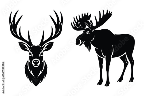 Deer head and moose silhouette vector art