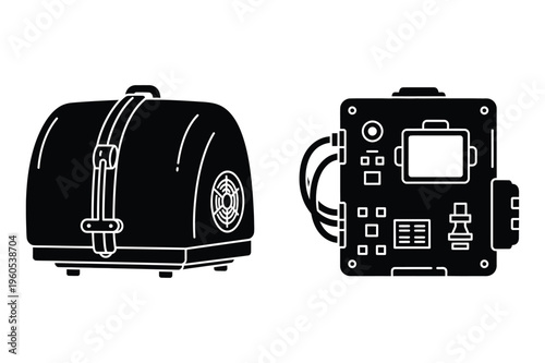 Retro toaster and circuit board icons: appliance and tech vector