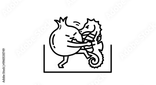 Quirky line art depicts an anthropomorphic pomegranate wrestling a cartoon seahorse in a lively