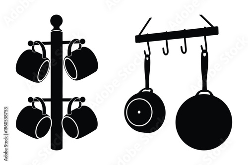 Mug tree and pan hanger icons: kitchenware storage vector
