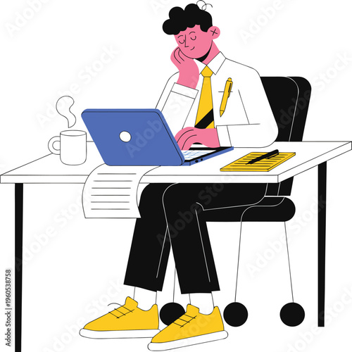 A woman sitting at a desk working on a laptop
