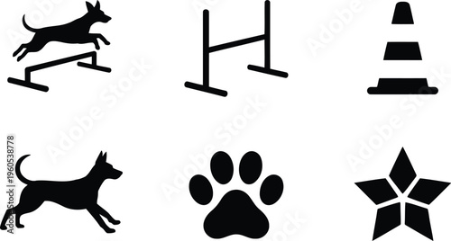 A set of black silhouette icons showing dog agility activities, a running dog, paw print, and faceted star
