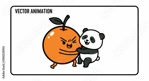 Whimsical vector animation of an enthusiastic panda embracing a comically grumpy orange fruit