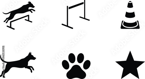A set of black silhouette icons displaying dog agility, running, an obstacle, paw print, and star