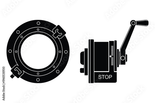 Porthole and film reel silhouette vector illustration with black and white