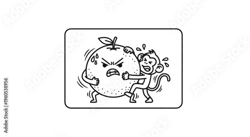Humorous cartoon illustration of a monkey struggling with an angry orange fruit for playful themes