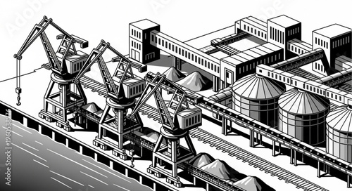 Industrial Port Scene with Cranes and Silos Illustration.