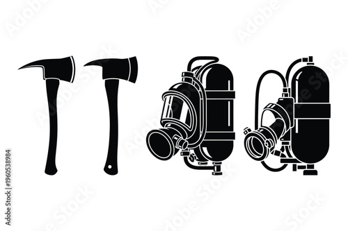 Firefighter axe and gas mask set silhouette