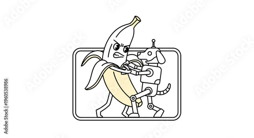Whimsical vector illustration depicting an animated banana engaged in a playful struggle with a