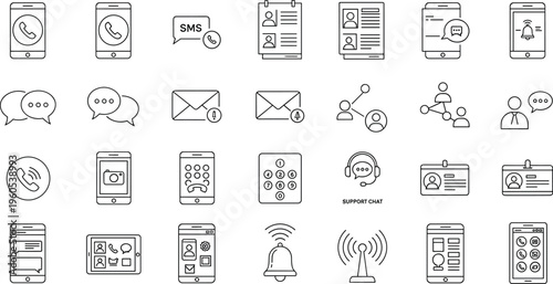 Mobile Communication and Customer Support Icons Set Featuring SMS, Calls, Chat, Notifications, and Support Services