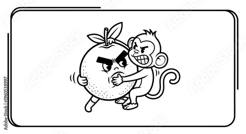 Mischievous Monkey Grapples with Grumpy Orange in Playful Cartoon Struggle Illustration