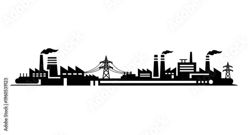Industrial Skyline Silhouette with Factories and Power Lines.