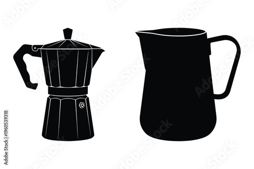 Coffee maker and pitcher silhouette, beverage icons