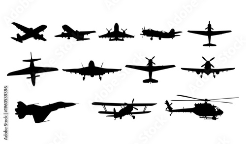 Commercial military vintage aircraft silhouettes set featuring jets planes helicopter