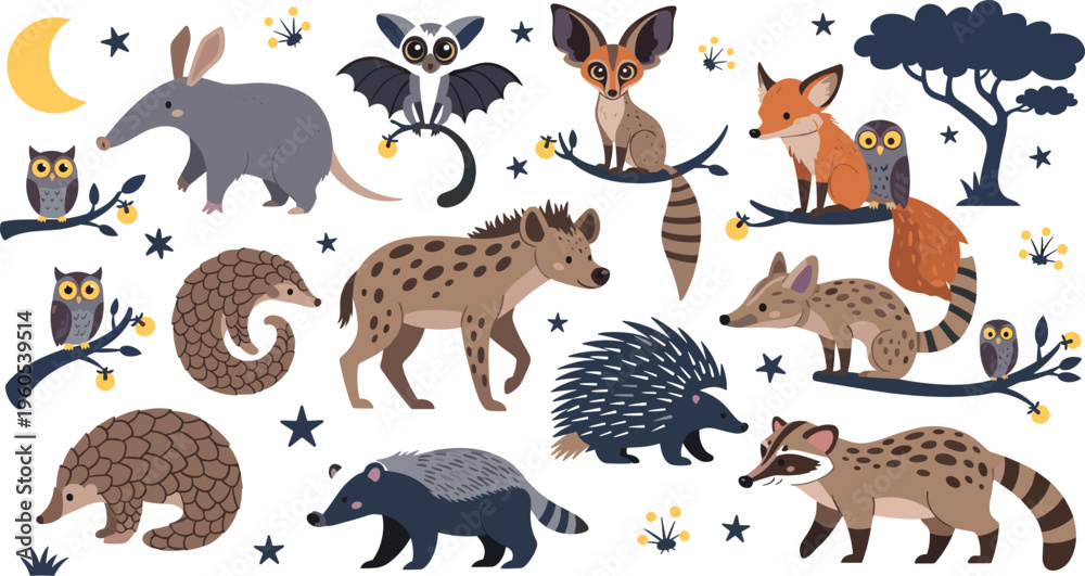 Obraz premium Nocturnal Animal Illustration Set Featuring Bat, Fox, Owl, Hyena, Raccoon, and Other Wild Creatures with Stars and Moon Accents