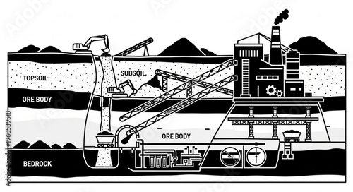 Illustration of a strip mining operation with heavy machinery.