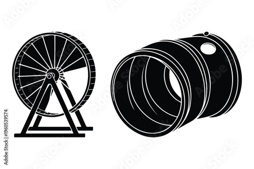 Hamster wheel and tunnel illustration black and white with pet tunnel
