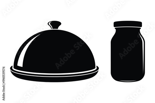 Serving dome and jar black and white icon with food cover