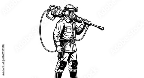 Illustration of a worker carrying a jackhammer on his shoulder.