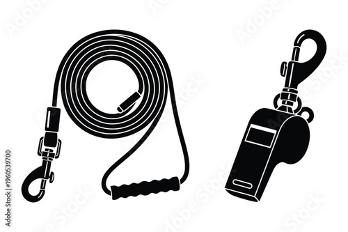 Dog leash and whistle vector icon set silhouette