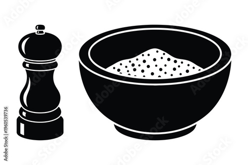 Salt bowl and pepper grinder silhouette with white background