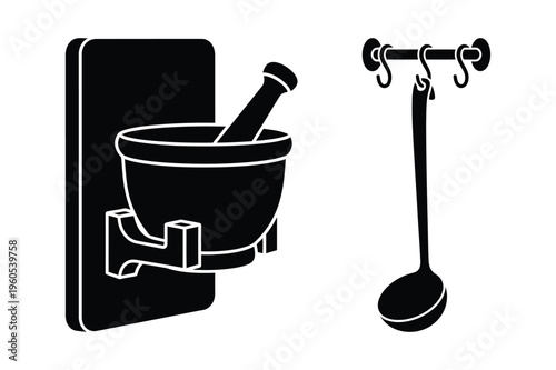 Mortar and pestle with ladle on hook