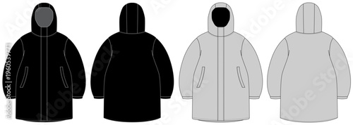 Hooded jacket Down puffer coat technical fashion illustration with long sleeves, zip-up closure, boxy fit, knee length. Flat template front, back, grey color style. Women, men, unisex top CAD mockup