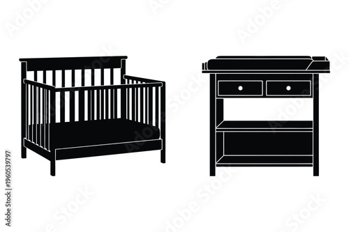 Baby crib and changing table furniture icons with furniture set