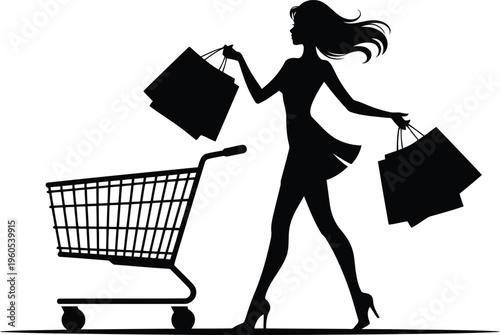 A smiling woman full of excitement carries numerous shopping bags alongside a grocery cart