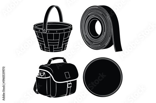 Basket, roll of tape, satchel bag, circle silhouette icons