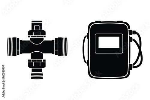 Pipe fitting and welding mask silhouette icons with black and white