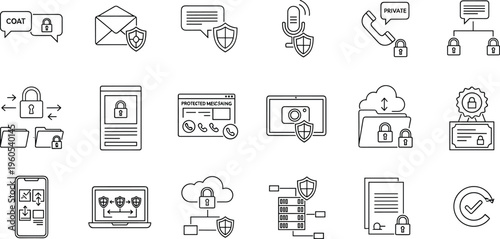 Privacy and Data Protection Icon Set Featuring Secure Communication, Encryption, Lock, Cloud, Document, and Confidentiality for Digital Security in Black and White