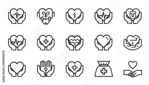 Heart icons, charity symbols, healthcare signs, love graphics, 20 vector elements isolated on Transparent Background