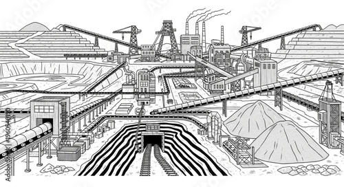 Industrial Complex Illustration - A Detailed View of a Coal Mine.