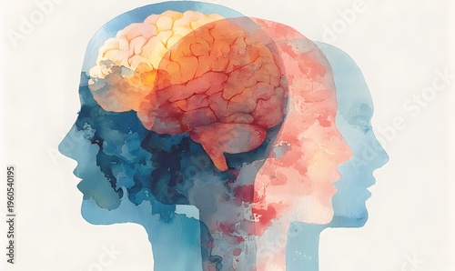 Watercolor artwork of overlapping human heads with visible brains in blue and warm colors symbolizing complex thoughts mental health and human connect