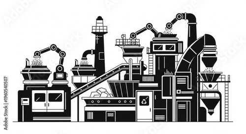 Industrial Factory with Robotic Arms and Conveyor Belts Illustration.