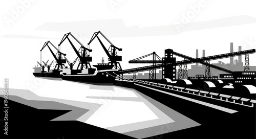 Industrial Harbor Container Cranes Loading Cargo At Port.