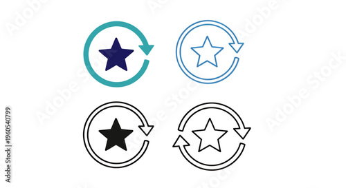 Set of four circular star icons with rotating arrows in different styles for update or refresh concept.