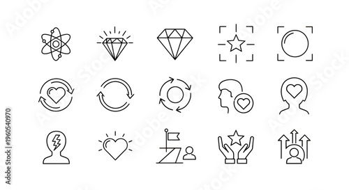 Collection of abstract line icons featuring science, technology, and everyday symbols for UI design and creative projects.