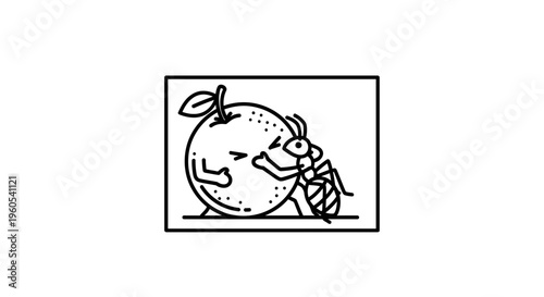 Line art depiction of a determined ant pushing against an expressive, surprised orange fruit