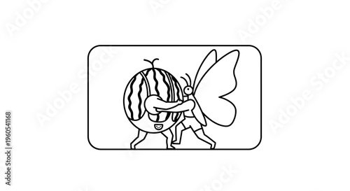 Comical watermelon and butterfly pushing match vector line art illustration for playful design