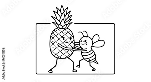 A whimsical black and white cartoon depicting a fierce pineapple and determined bee engaged in a