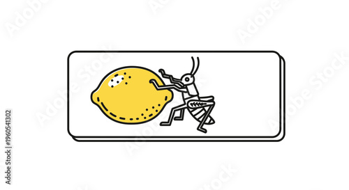 Whimsical line art showcasing an industrious insect working hard to relocate a sizable citrus fruit