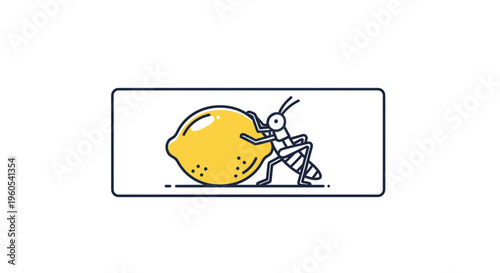 Persistent insect laboriously moving a gigantic vibrant citrus fruit in a simple graphic style